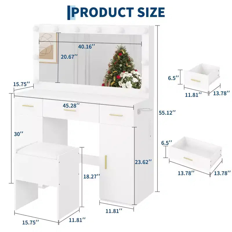 Coiffeuse avec miroir, bureau de maquillage avec tiroirs et tabouret de rangement, table de maquillage blanche pour chambre à coucher ou appartement