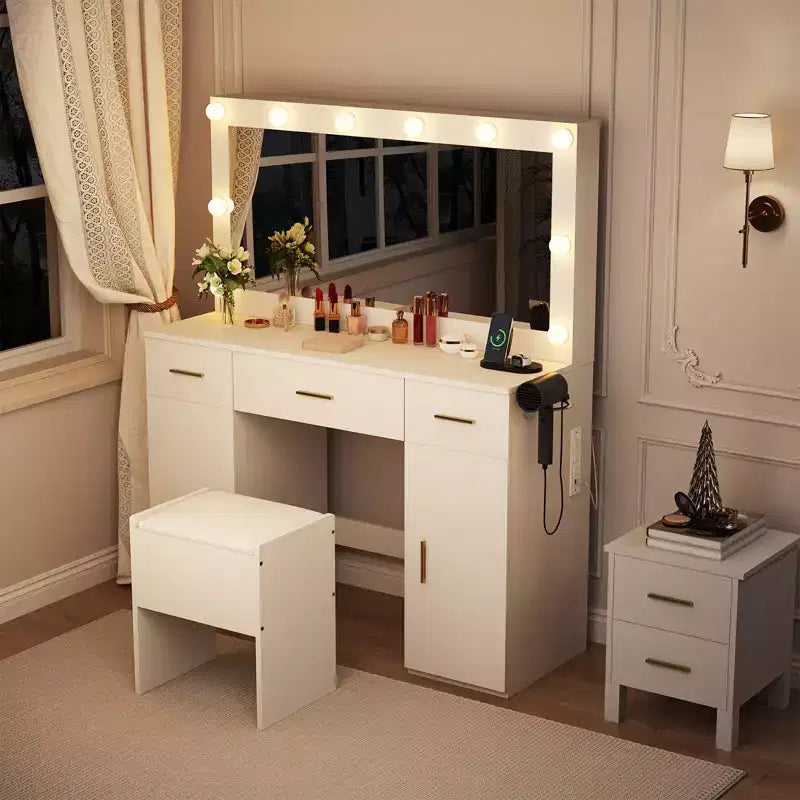 Coiffeuse avec miroir, bureau de maquillage avec tiroirs et tabouret de rangement, table de maquillage blanche pour chambre à coucher ou appartement