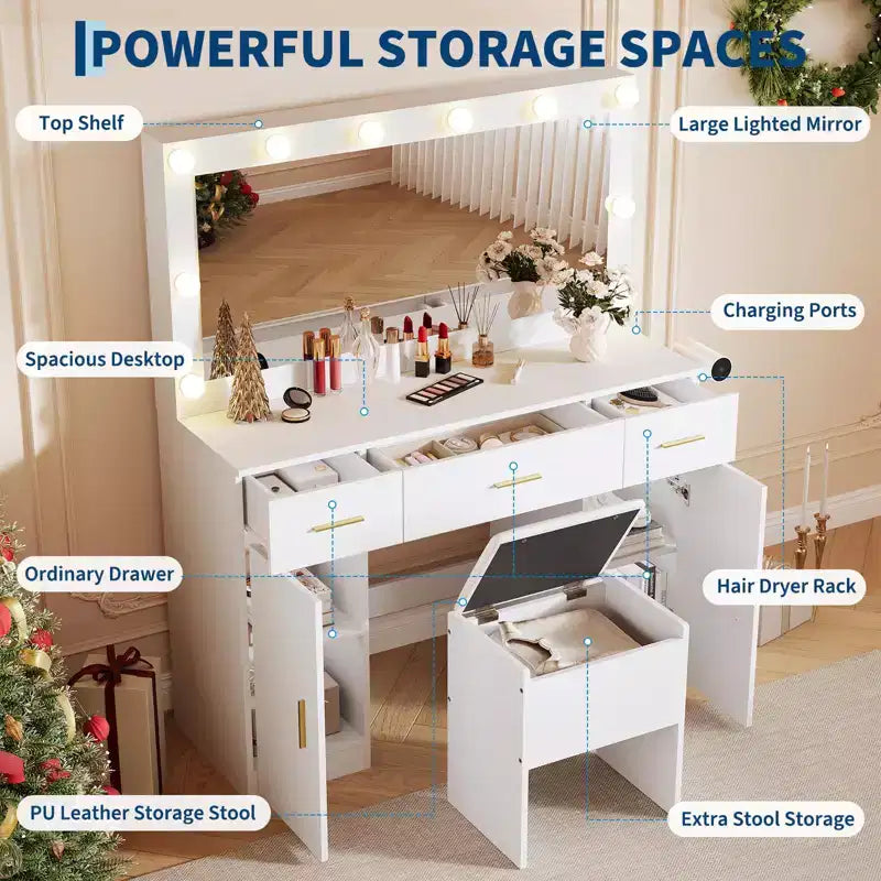 Coiffeuse avec miroir, bureau de maquillage avec tiroirs et tabouret de rangement, table de maquillage blanche pour chambre à coucher ou appartement