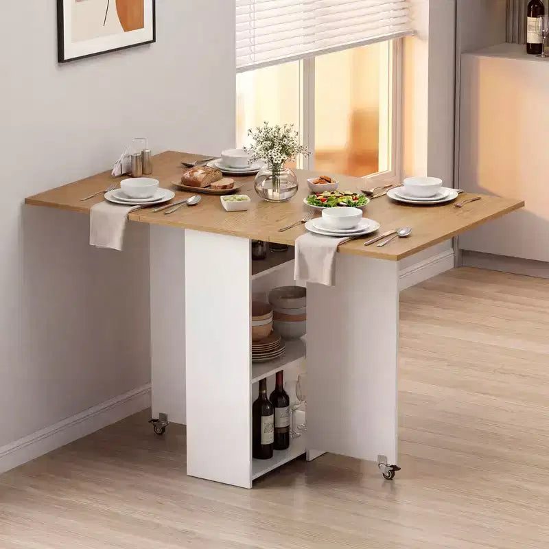 Table de salle à manger pliante Costway avec 2 étagères ouvertes et tiroir, 2 roulettes universelles verrouillables