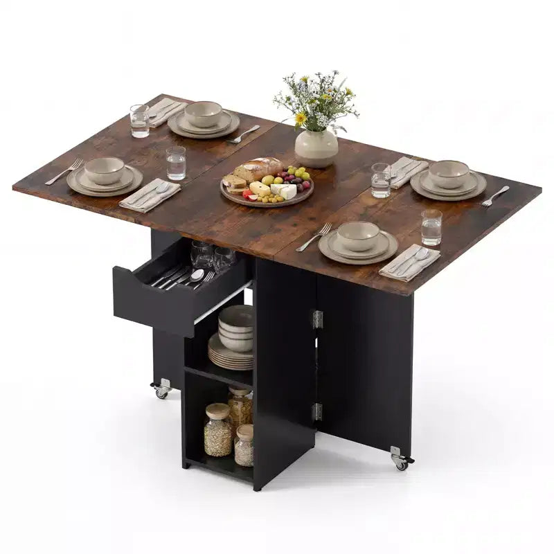 Costway Folding Dining Table w/2 Open Shelves & Drawer 2 Lockable Universal Wheels