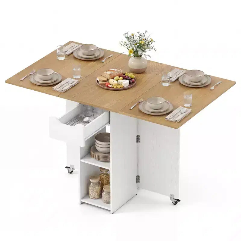 Table de salle à manger pliante Costway avec 2 étagères ouvertes et tiroir, 2 roulettes universelles verrouillables