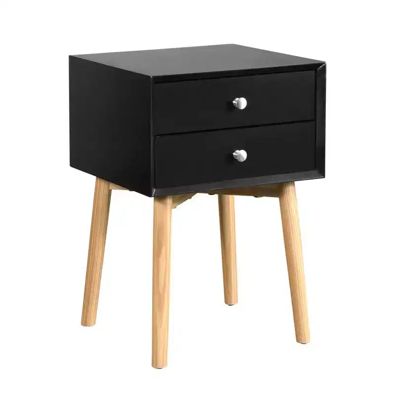 Table d'appoint, table de chevet avec 2 tiroirs et pieds en bois d'hévéa, meuble de rangement moderne du milieu du siècle pour chambre à coucher et salon, noir est un meuble moderne.