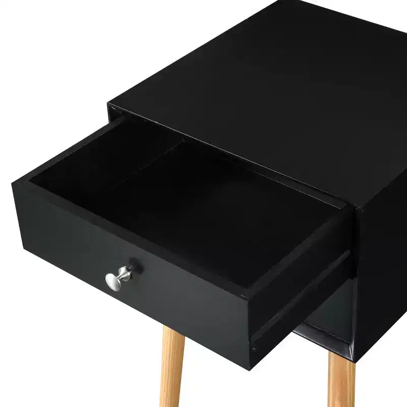 Table d'appoint, table de chevet avec 2 tiroirs et pieds en bois d'hévéa, meuble de rangement moderne du milieu du siècle pour chambre à coucher et salon, noir est un meuble moderne.