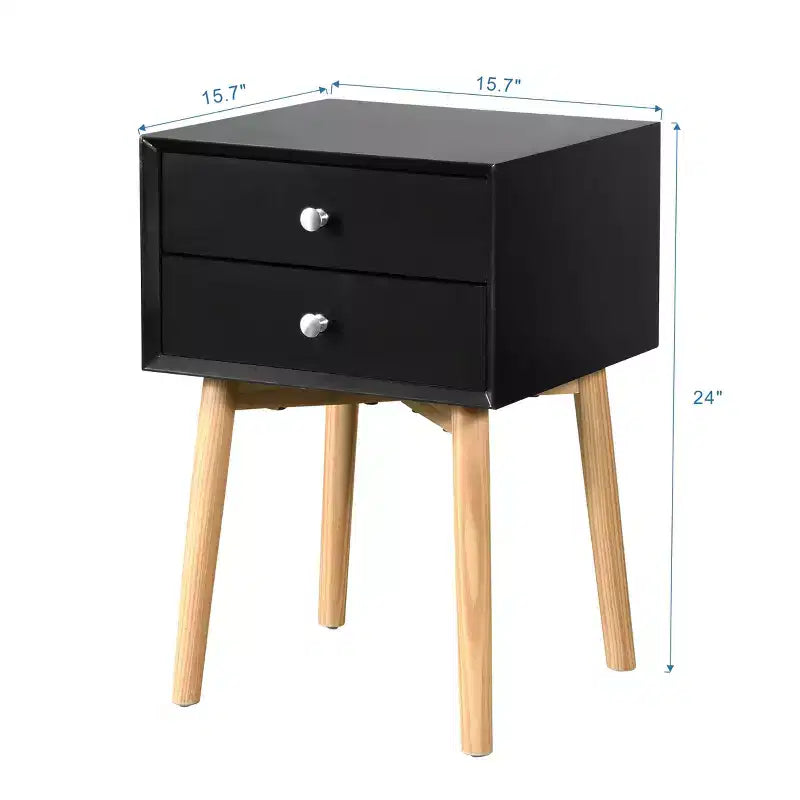 Table d'appoint, table de chevet avec 2 tiroirs et pieds en bois d'hévéa, meuble de rangement moderne du milieu du siècle pour chambre à coucher et salon, noir est un meuble moderne.