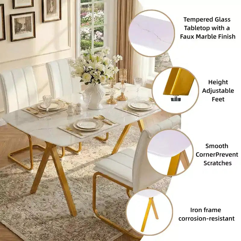 Table de salle à manger rectangulaire GDFStudio Daniela moderne en verre trempé avec motif marbre et pieds en métal