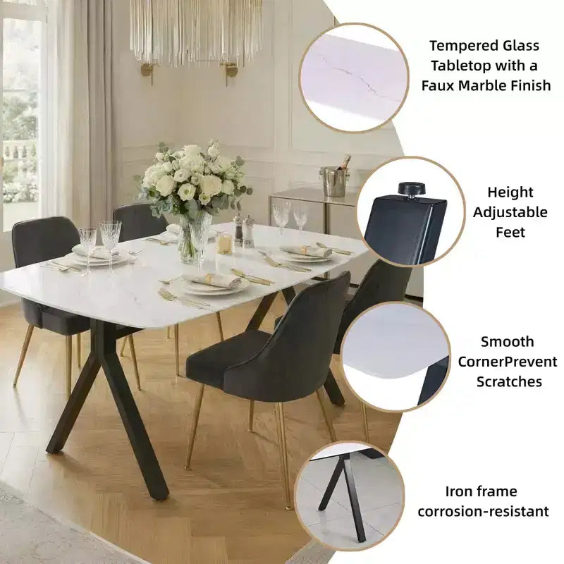 Table de salle à manger rectangulaire GDFStudio Daniela moderne en verre trempé avec motif marbre et pieds en métal