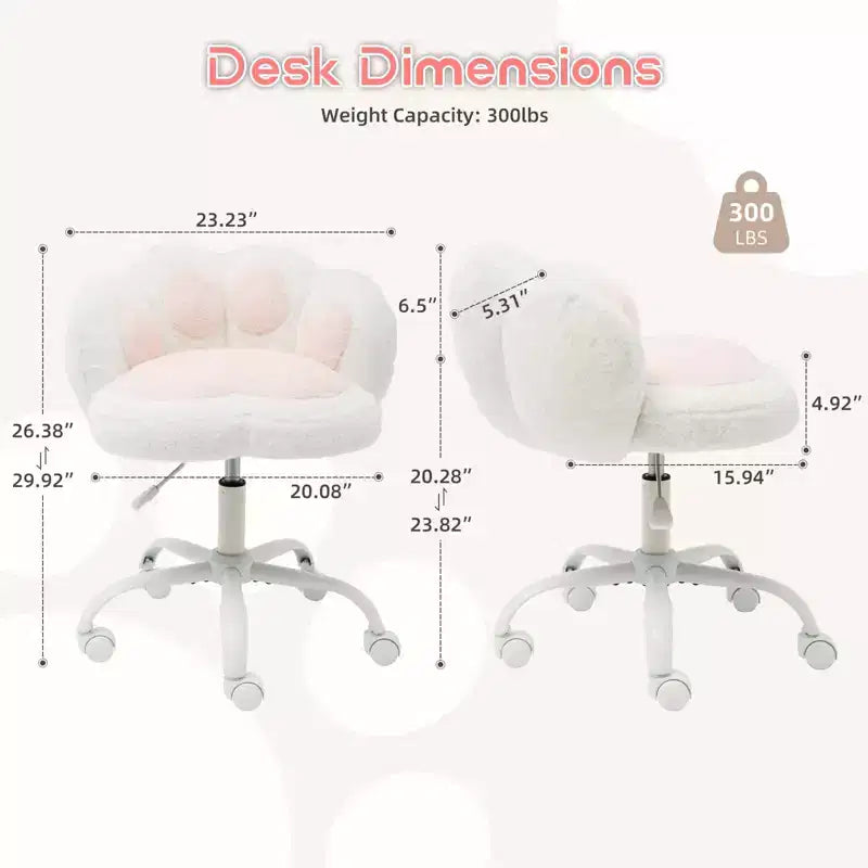 Chaise de coiffeuse avec dossier en forme de chat, chaise pivotante réglable en hauteur, jolie chaise de bureau à roulettes en tissu nounours pour chambre à coucher ou bureau