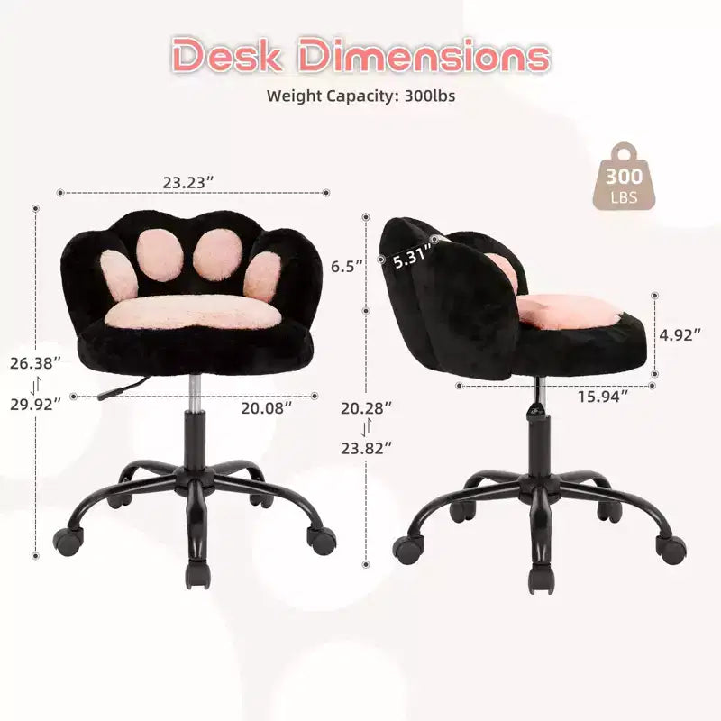 Chaise de coiffeuse avec dossier en forme de chat, chaise pivotante réglable en hauteur, jolie chaise de bureau à roulettes en tissu nounours pour chambre à coucher ou bureau