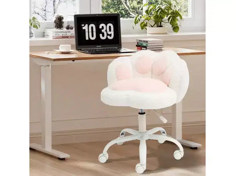 Chaise de coiffeuse avec dossier en forme de chat, chaise pivotante réglable en hauteur, jolie chaise de bureau à roulettes en tissu nounours pour chambre à coucher ou bureau