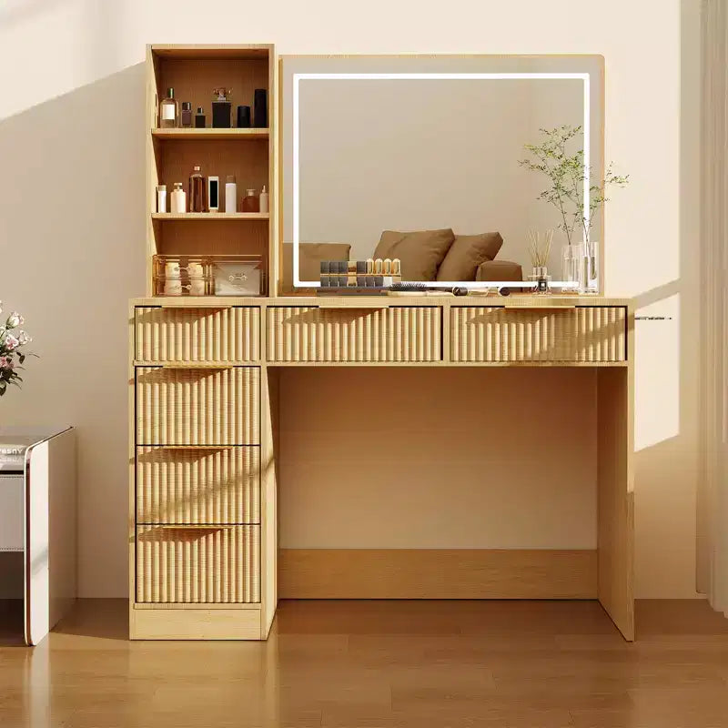 Grande coiffeuse cannelée avec miroir éclairé, coiffeuse de maquillage moderne avec 6 tiroirs de rangement et support pour sèche-cheveux pour chambre à coucher féminine