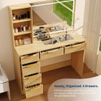 Grande coiffeuse cannelée avec miroir éclairé, coiffeuse de maquillage moderne avec 6 tiroirs de rangement et support pour sèche-cheveux pour chambre à coucher féminine