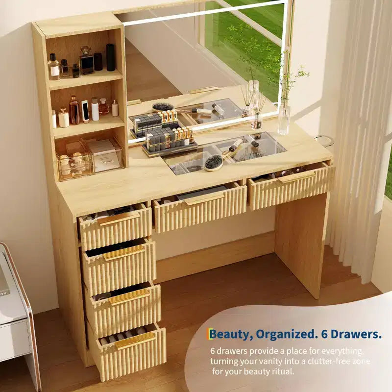 Grande coiffeuse cannelée avec miroir éclairé, coiffeuse de maquillage moderne avec 6 tiroirs de rangement et support pour sèche-cheveux pour chambre à coucher féminine