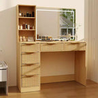 Grande coiffeuse cannelée avec miroir éclairé, coiffeuse de maquillage moderne avec 6 tiroirs de rangement et support pour sèche-cheveux pour chambre à coucher féminine