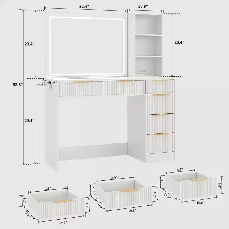 Grande coiffeuse cannelée avec miroir éclairé, coiffeuse de maquillage moderne avec 6 tiroirs de rangement et support pour sèche-cheveux pour chambre à coucher féminine