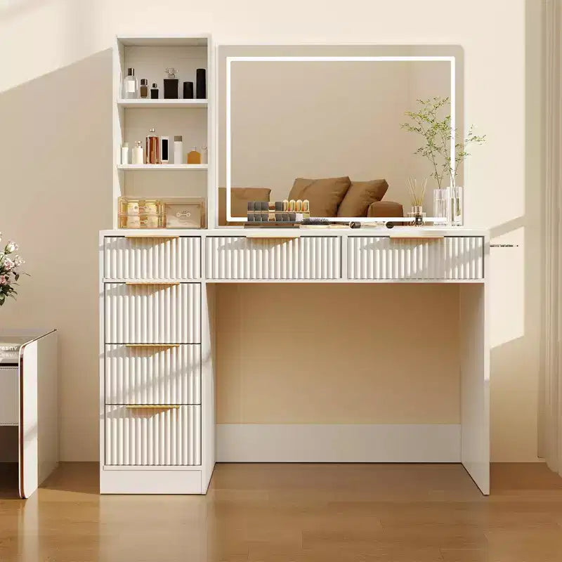 Grande coiffeuse cannelée avec miroir éclairé, coiffeuse de maquillage moderne avec 6 tiroirs de rangement et support pour sèche-cheveux pour chambre à coucher féminine
