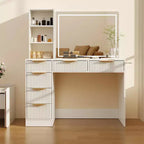 Grande coiffeuse cannelée avec miroir éclairé, coiffeuse de maquillage moderne avec 6 tiroirs de rangement et support pour sèche-cheveux pour chambre à coucher féminine