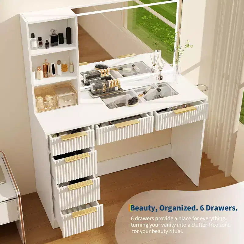 Grande coiffeuse cannelée avec miroir éclairé, coiffeuse de maquillage moderne avec 6 tiroirs de rangement et support pour sèche-cheveux pour chambre à coucher féminine