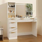 Grande coiffeuse cannelée avec miroir éclairé, coiffeuse de maquillage moderne avec 6 tiroirs de rangement et support pour sèche-cheveux pour chambre à coucher féminine