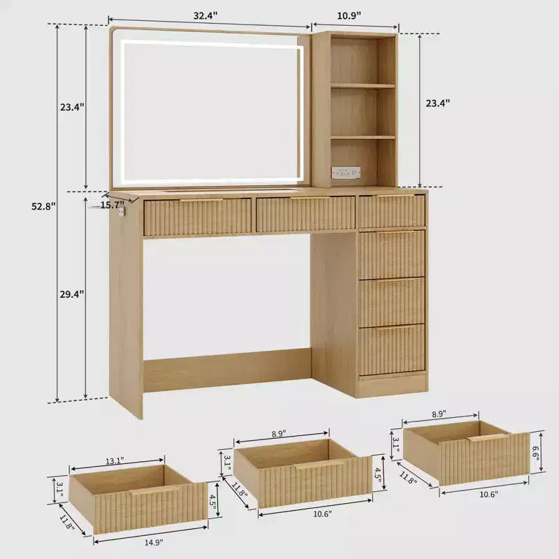 Grande coiffeuse cannelée avec miroir éclairé, coiffeuse de maquillage moderne avec 6 tiroirs de rangement et support pour sèche-cheveux pour chambre à coucher féminine