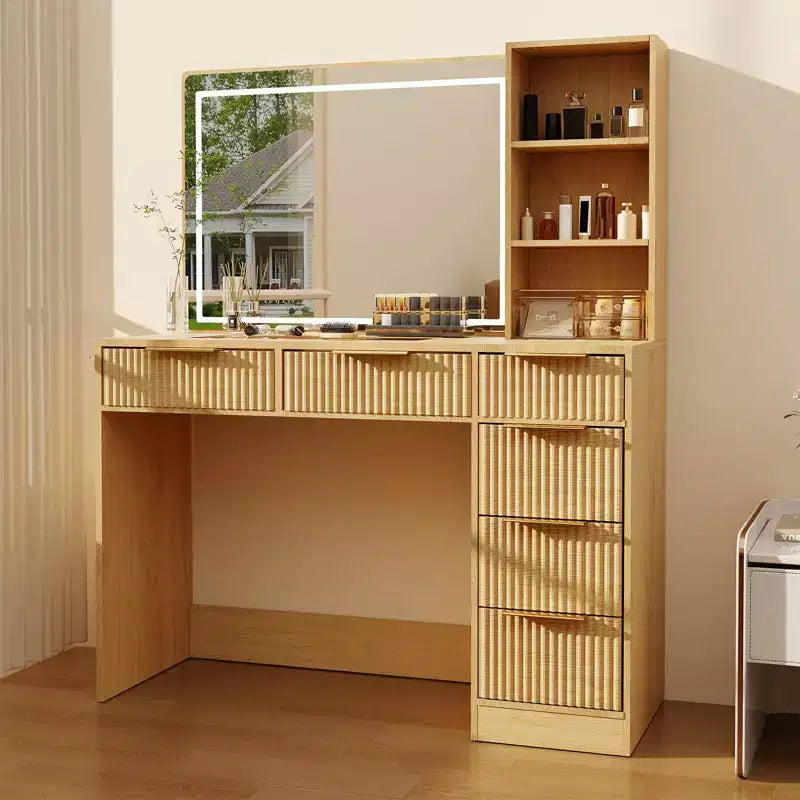 Grande coiffeuse cannelée avec miroir éclairé, coiffeuse de maquillage moderne avec 6 tiroirs de rangement et support pour sèche-cheveux pour chambre à coucher féminine