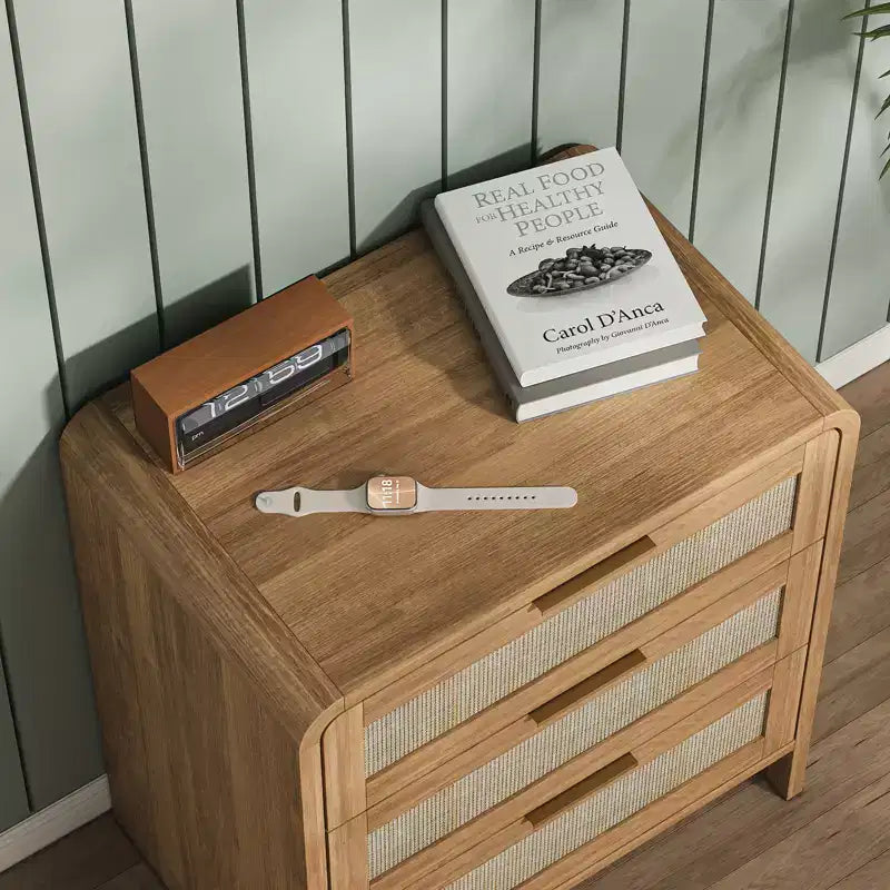 Table de chevet bohème en rotin à 3 tiroirs pour chambre à coucher et salon