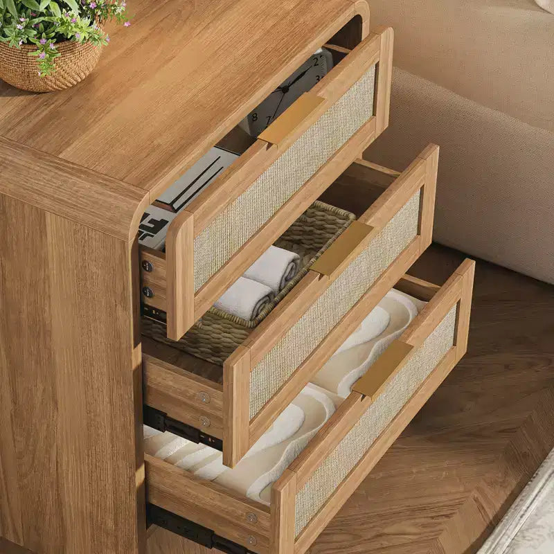 Table de chevet bohème en rotin à 3 tiroirs pour chambre à coucher et salon