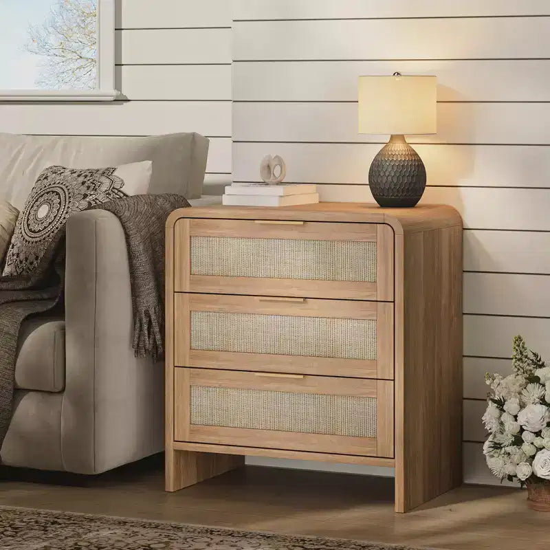 Table de chevet bohème en rotin à 3 tiroirs pour chambre à coucher et salon