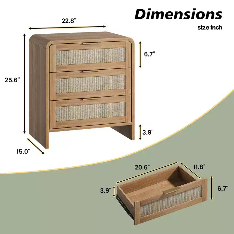 Table de chevet bohème en rotin à 3 tiroirs pour chambre à coucher et salon