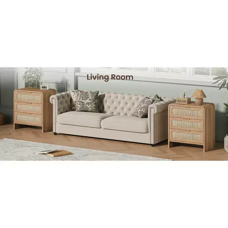 Table de chevet bohème en rotin à 3 tiroirs pour chambre à coucher et salon