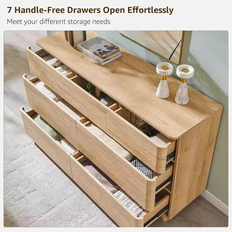 Commode à 7 tiroirs, commode en bois de 52" de large, design moderne sans poignée, grande commode de chambre à coucher avec meuble TV et organisateur de rangement