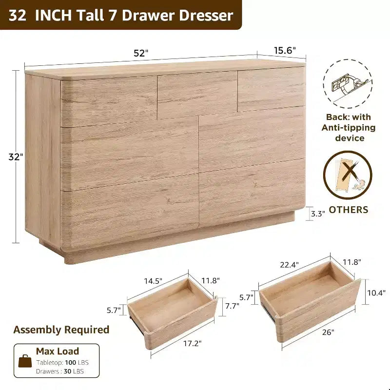 Commode à 7 tiroirs, commode en bois de 52" de large, design moderne sans poignée, grande commode de chambre à coucher avec meuble TV et organisateur de rangement