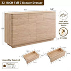 Commode à 7 tiroirs, commode en bois de 52" de large, design moderne sans poignée, grande commode de chambre à coucher avec meuble TV et organisateur de rangement