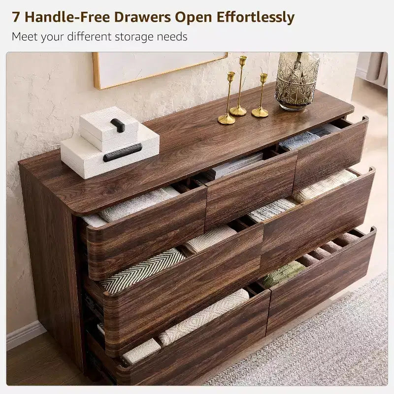 Commode à 7 tiroirs, commode en bois de 52" de large, design moderne sans poignée, grande commode de chambre à coucher avec meuble TV et organisateur de rangement