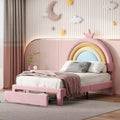 Bellemave Upholstered Princess Platform Bed Frame with Storage Drawers, Rabbit Headboard & LED Lights, Pink, Twin/Full Size Girls Bed