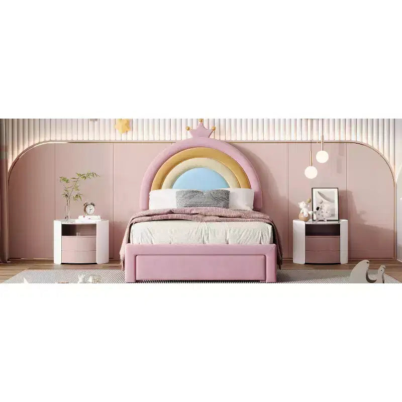 Lit plateforme de princesse Bellemave tapissé avec tiroirs de rangement, tête de lit lapin et lumières LED, rose, lit de fille double/grand.