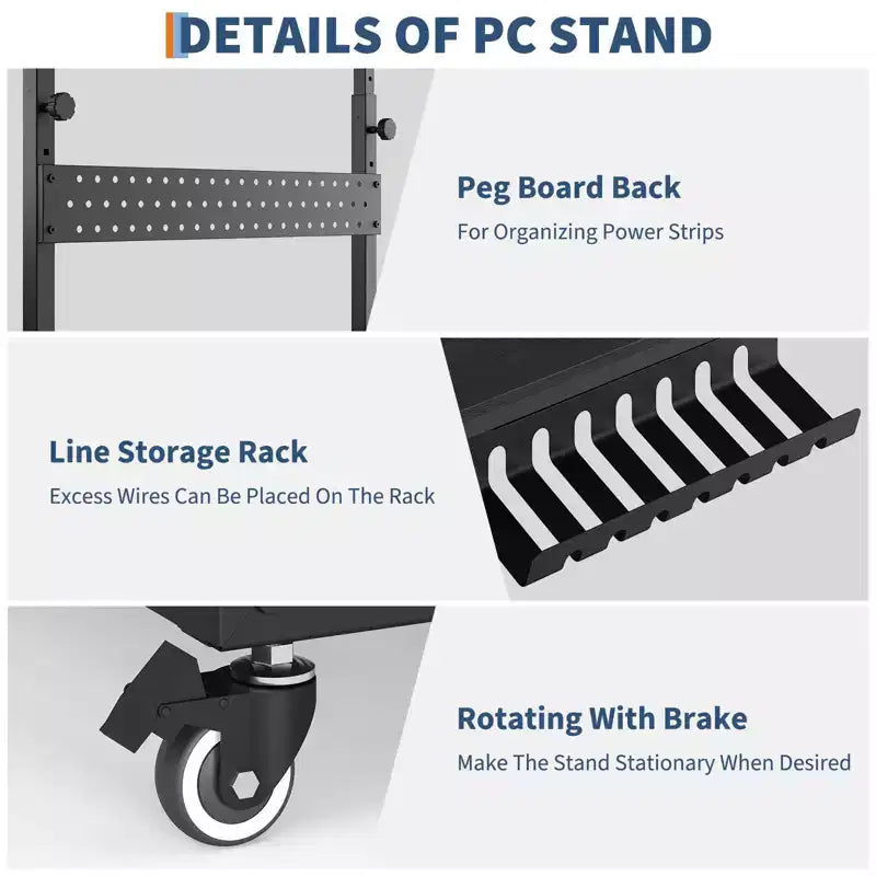 Support de tour d'ordinateur à roulettes, chariot porte-unité centrale réglable en hauteur, support de PC roulant à 2 niveaux sous le bureau, table d'appoint pour jeux à domicile ou bureau