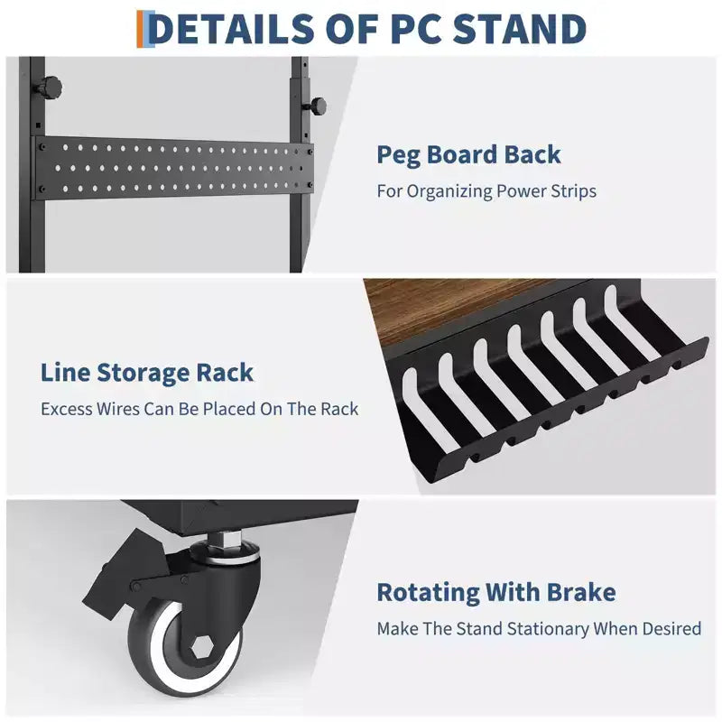 Support de tour d'ordinateur à roulettes, chariot porte-unité centrale réglable en hauteur, support de PC roulant à 2 niveaux sous le bureau, table d'appoint pour jeux à domicile ou bureau