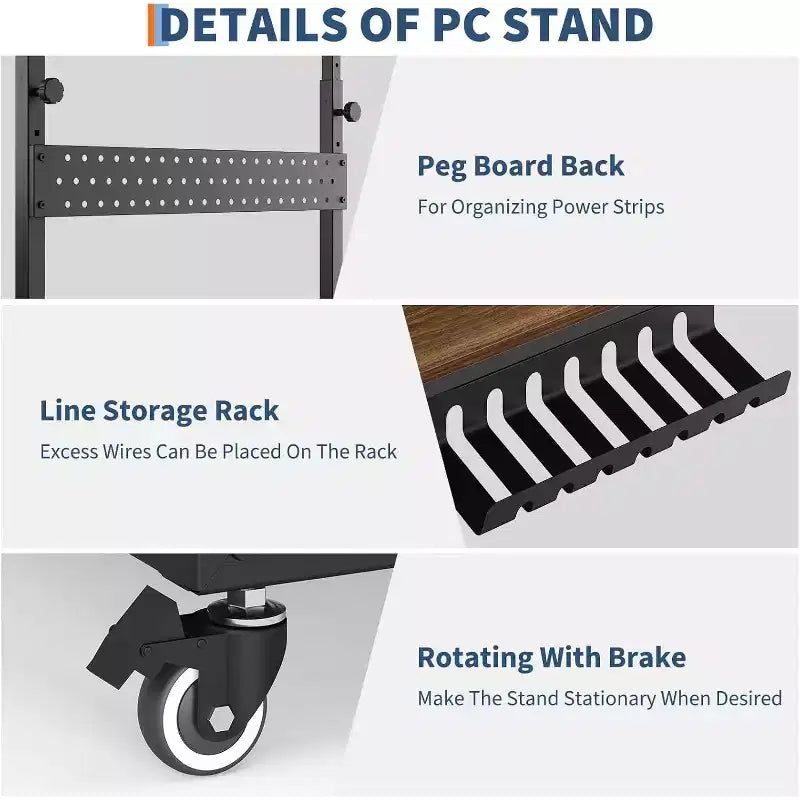 Support de tour d'ordinateur à roulettes, chariot porte-unité centrale réglable en hauteur, support de PC roulant à 2 niveaux sous le bureau, table d'appoint pour jeux à domicile ou bureau