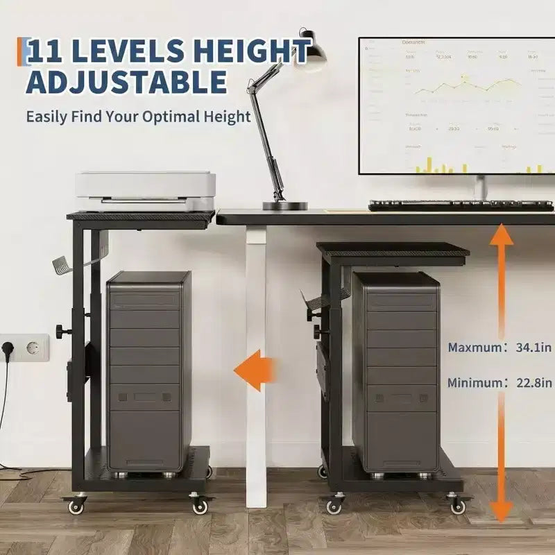 Support de tour d'ordinateur à roulettes, chariot porte-unité centrale réglable en hauteur, support de PC roulant à 2 niveaux sous le bureau, table d'appoint pour jeux à domicile ou bureau