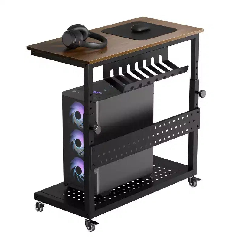 Support de tour d'ordinateur à roulettes, chariot porte-unité centrale réglable en hauteur, support de PC roulant à 2 niveaux sous le bureau, table d'appoint pour jeux à domicile ou bureau
