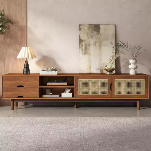 79 TV Stand for TVs up to 85, TV Console Media Console Walnut TV Cabinet Media Entertainment Center with Rattan Soft-close Door&Drawers - ModernLuxe