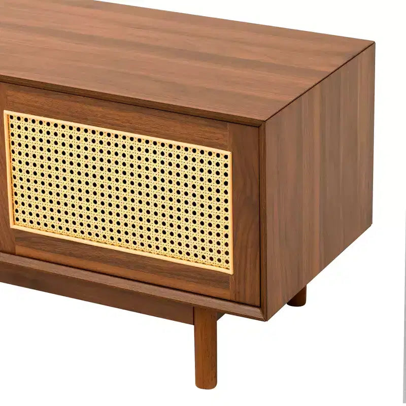 Meuble TV 79" pour téléviseurs jusqu'à 85", console TV meuble multimédia Meuble TV noyer avec portes et tiroirs à fermeture douce en rotin - ModernLuxe