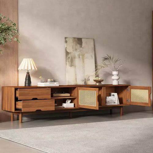 Meuble TV 79" pour téléviseurs jusqu'à 85", console TV meuble multimédia Meuble TV noyer avec portes et tiroirs à fermeture douce en rotin - ModernLuxe