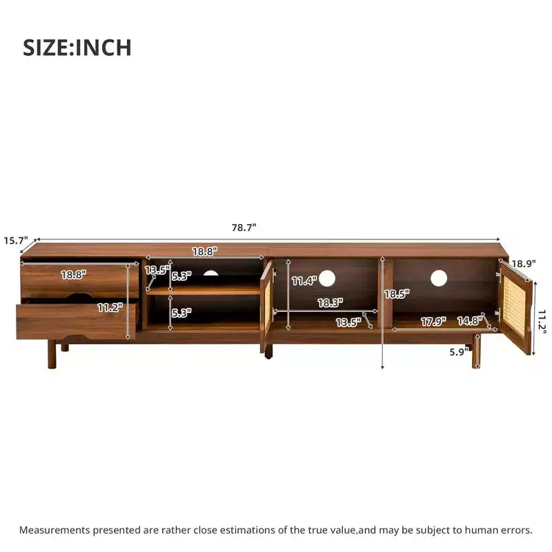 Meuble TV 79" pour téléviseurs jusqu'à 85", console TV meuble multimédia Meuble TV noyer avec portes et tiroirs à fermeture douce en rotin - ModernLuxe