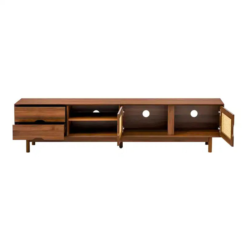 Meuble TV 79" pour téléviseurs jusqu'à 85", console TV meuble multimédia Meuble TV noyer avec portes et tiroirs à fermeture douce en rotin - ModernLuxe