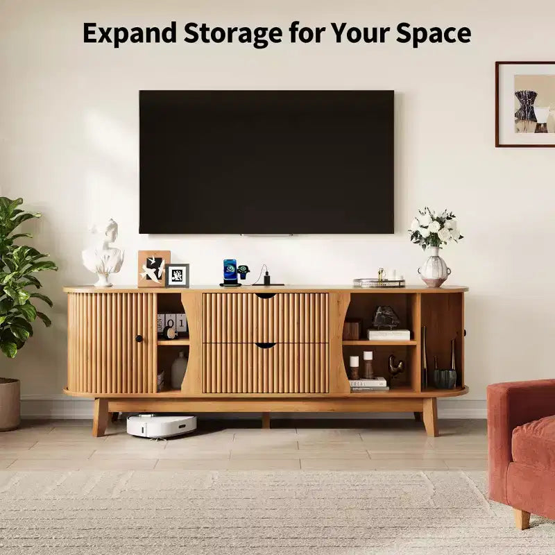 Meuble TV avec station de charge, Centre de divertissement pour téléviseurs jusqu'à 70 pouces, Table console multimédia avec 2 armoires de rangement et 2 tiroirs pour salon