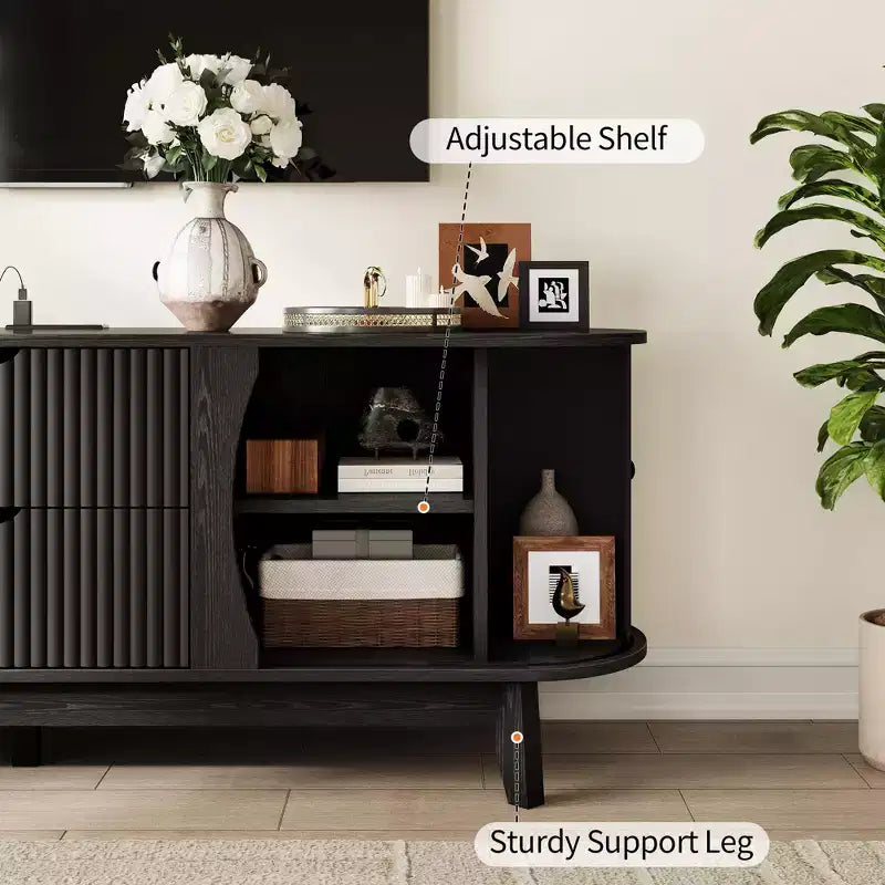Meuble TV avec station de charge, Centre de divertissement pour téléviseurs jusqu'à 70 pouces, Table console multimédia avec 2 armoires de rangement et 2 tiroirs pour salon