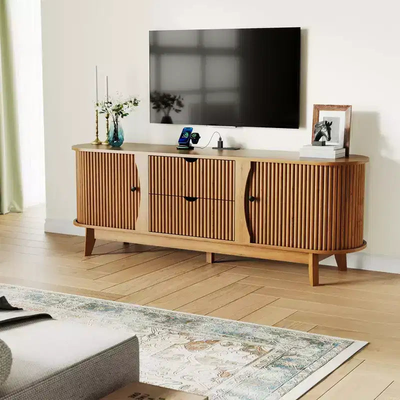 Meuble TV avec station de charge, Centre de divertissement pour téléviseurs jusqu'à 70 pouces, Table console multimédia avec 2 armoires de rangement et 2 tiroirs pour salon