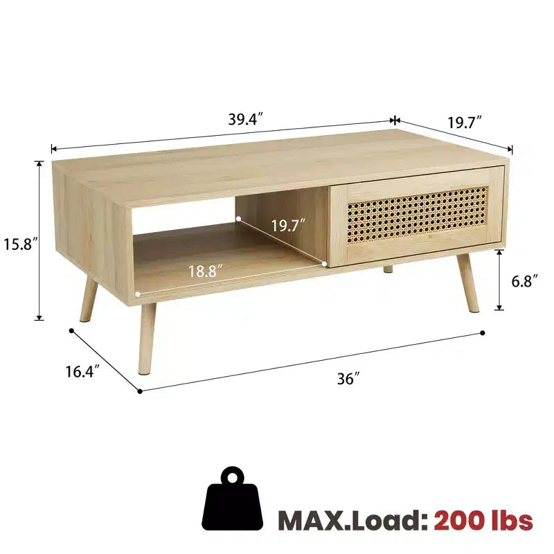 Table basse moderne avec rangement, table centrale rectangulaire en rotin avec porte coulissante, table basse d'appoint en bois pour salon, chambre à coucher, bureau